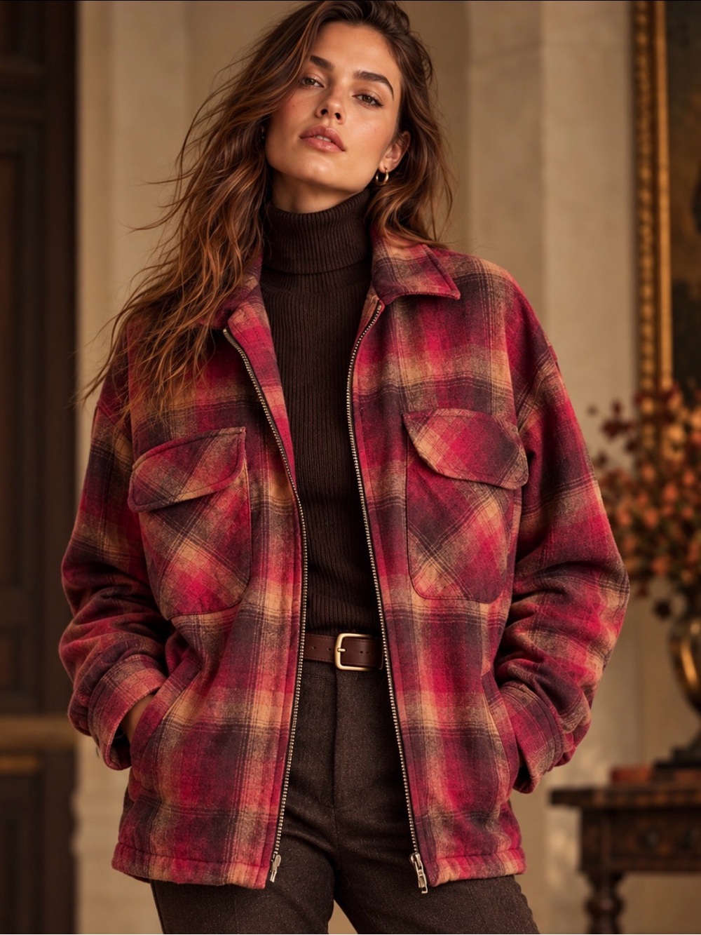 Pendleton Brightwood Shirt Women’s M Wool Plaid Zip Jacket Red Brown Relaxed S